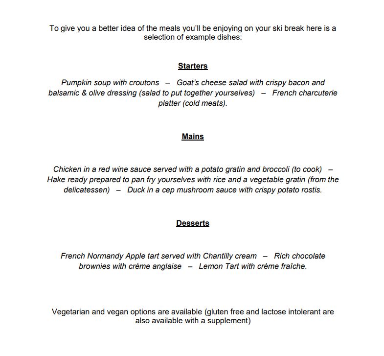 Contactless Chalet Service Example menu